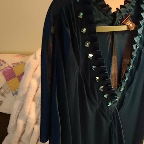 MODA International Bejeweled Deep-V Teal Blouse - Picture 4 of 7